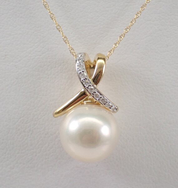 12mm Pearl Pendant Necklace - 14K Yellow Gold Diamond Setting - June Birthstone Fine Jewelry