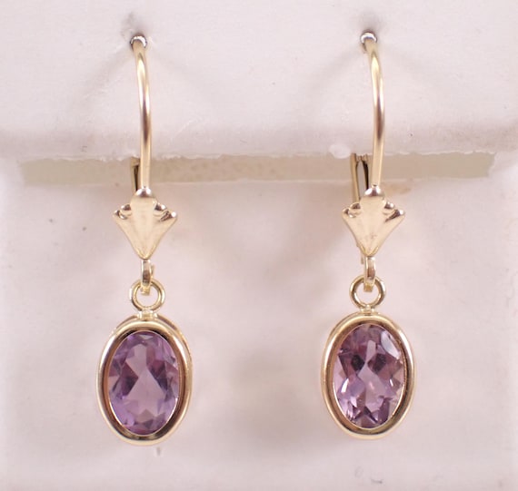 Vintage 14K Yellow Gold Amethyst Earrings: Estate Dainty Dangle Drops