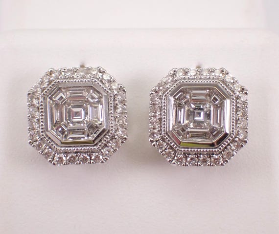 14K White Gold Diamond Stud Earrings - Square Halo Cluster Studs - Unique Bridal Wedding Jewelry Gift