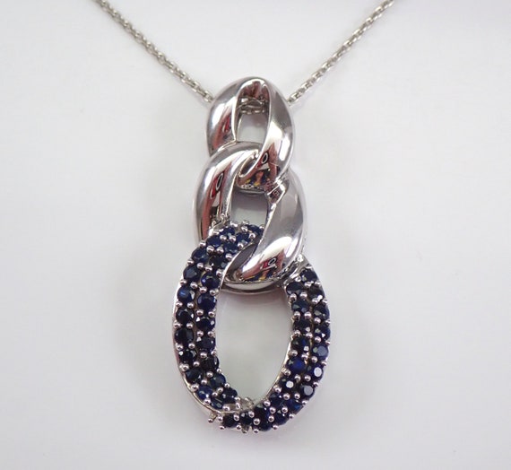 Unique Sapphire Pendant Necklace, Solid White Gold Chainlink Pave Setting, Something Blue September Birthstone Jewelry Gift