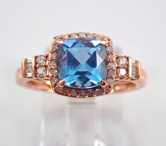Rose Gold Blue Topaz Engagement Ring: Diamond Halo Bridal Setting