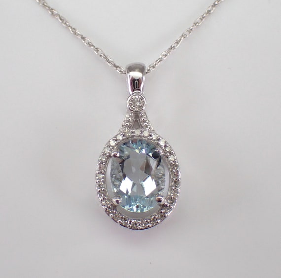 Aquamarine and Diamond Pendant and Chain - Solid White Gold Choker Necklace - Unique March Birthstone Jewelry Gift