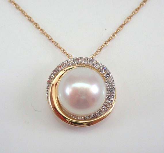 14K Yellow Gold Pearl Necklace Diamond Halo Pendant Gold Slide Necklace Chain 18" June Gemstone