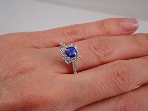 Genuine Tanzanite Engagement Ring - Solid 18K White Gold Diamond Halo Engagement Ring - Unique Cushion Cut Purple Gemstone Jewelry