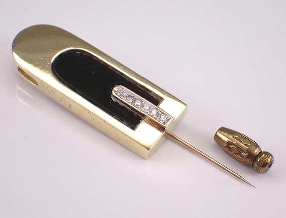 Antique 18K Yellow Gold Black Onyx Stick Pin - Large Diamond Brooch - Vintage TOLIRO Designer Jewelry