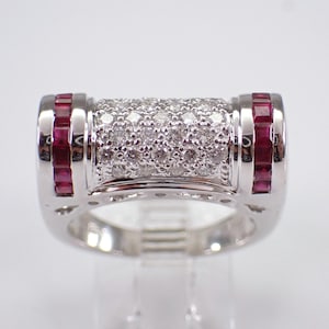18K White Gold Ruby and Diamond Ring, Gemstone Cluster Pave Barrel Band, July Birthstone Fine Jewelry Gift