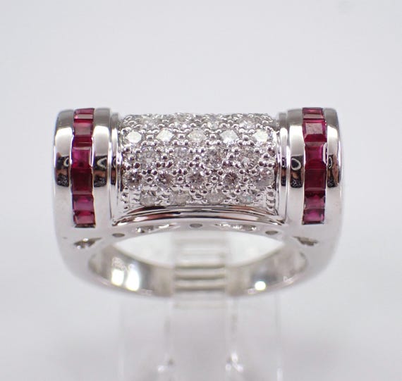 18K White Gold Ruby and Diamond Ring, Gemstone Cluster Pave Barrel Band, July Birthstone Fine Jewelry Gift