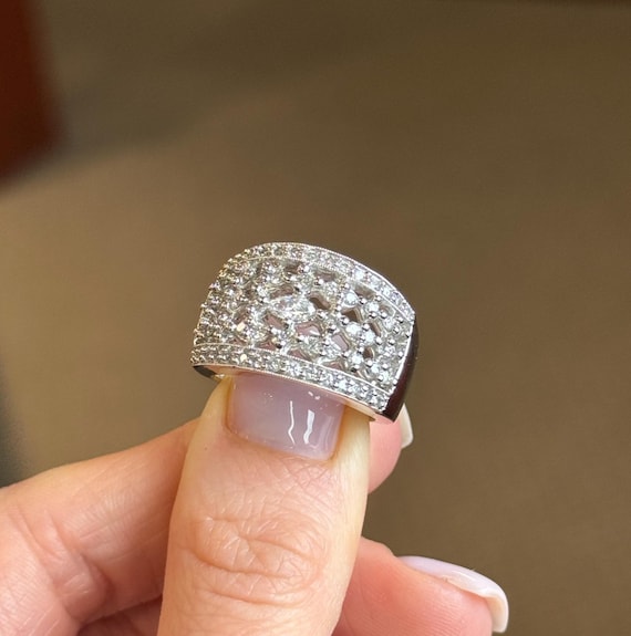 14K White Gold Diamond Anniversary Ring - Wide Stackable Wedding Band - Unique Large Chunky Jewelry Gift