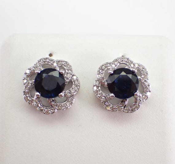 14K White Gold Sapphire Stud Earrings - Diamond Halo Flower Setting - September Birthstone Jewelry Gift