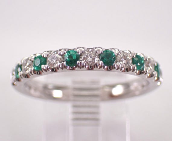 14K White Gold Emerald and Diamond Ring: Bridal Half Eternity Wedding Anniversary Band