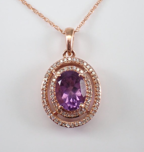 Amethyst and Diamond Pendant and Chain - Rose Gold Gemstone Halo Choker Necklace - February Birthstone Jewelry Gift