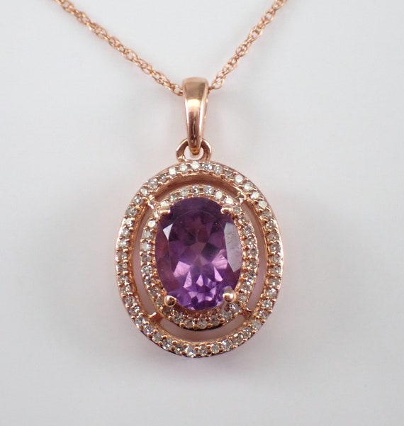 Amethyst and Diamond Pendant and Chain - Rose Gold Gemstone Halo Choker Necklace - February Birthstone Jewelry Gift