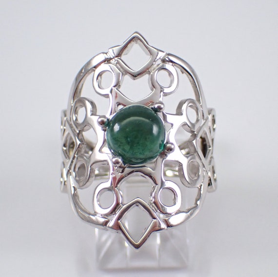 14K White Gold Emerald Solitaire Ring - Vintage Estate Filigree Band - Large Unique Gemstone Jewelry