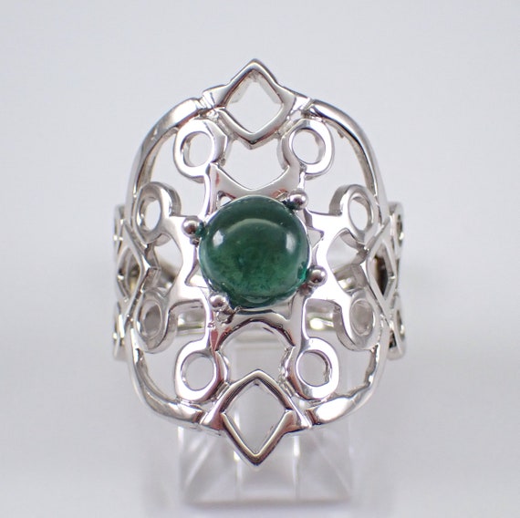 Emerald Cabochon Solitaire Ring - Vintage Solid 14K White Gold Filigree Ring - Large Unique Gemstone Band