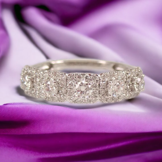 Genuine Diamond Halo Wedding Ring - 14K White Gold Stackable Anniversary Band - Unique Bridal Fine Jewelry