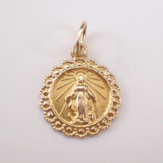 Vintage 14K Yellow Gold Miraculous Medal Charm - Religious Mini Disk Pendant for Necklace or Bracelet