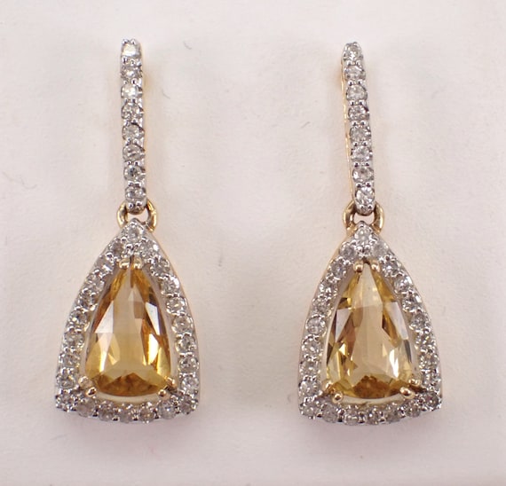 Teardrop Citrine and Diamond Earrings - Yellow Gold Triangular Dangle Drops - November Birthstone Jewelry Gift