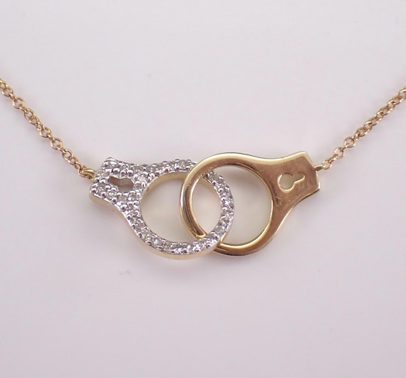 14K Yellow Gold Diamond Handcuffs Necklace: Dainty Hand Cuff Charm Pendant and Chain