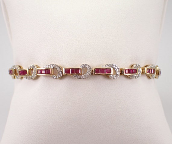 Ruby and Diamond Tennis Bracelet - Yellow Gold Fine Jewelry Gift - Princess Cut Square Gemstone