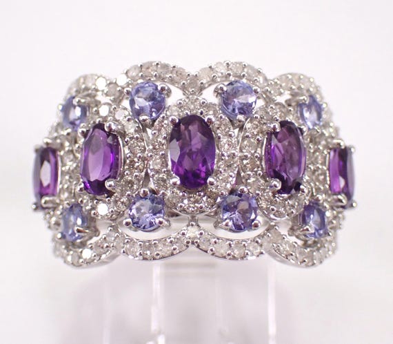 14K White Gold Amethyst and Tanzanite Ring -Large Diamond Set Setting Band - Gemstone Cluster Cocktail Jewelry