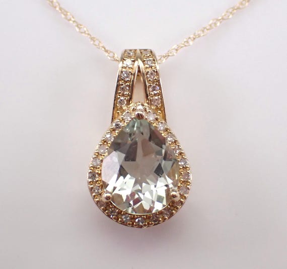Yellow Gold Green Amethyst Pendant - Teardrop Prasiolite and Diamond Necklace - Gemstone Chain and Charm Jewelry Gift
