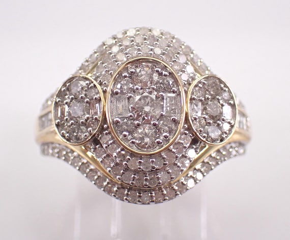 Yellow Gold Diamond Anniversary Ring: Three Stone Cluster Domed Wedding Band