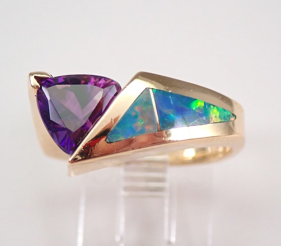 Amethyst and Opal Inlay 14K Yellow Gold Ring, Vintage Gold Fine Jewelry, Trillion Amethyst Ring for Women