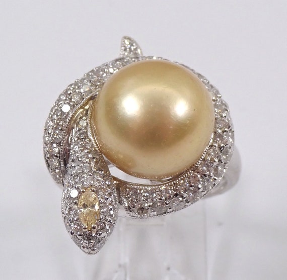 18K White Gold South Sea Pearl Ring - Wraparound Diamond Snake Band - Golden Yellow Canary Gemstone
