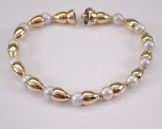 Vintage Pearl Station Bracelet - 14K Yellow Gold Layering Spacer Links - Estate Fine Jewelry Gift