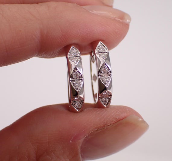 14K White Gold Small Diamond Huggies - Medium Diamond Hoop Earrings - Genuine Diamond Fine Jewelry Gift