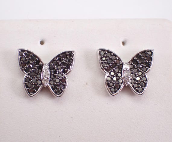 Black Diamond Butterfly Stud Earrings - White Gold Butter Fly Wings Studs - Birthday Graduation Gift for Daughter