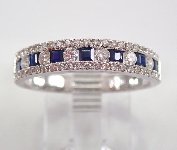 Sapphire and Diamond Wedding Ring - White Gold Anniversary Band - September Birthstone Fine Jewelry