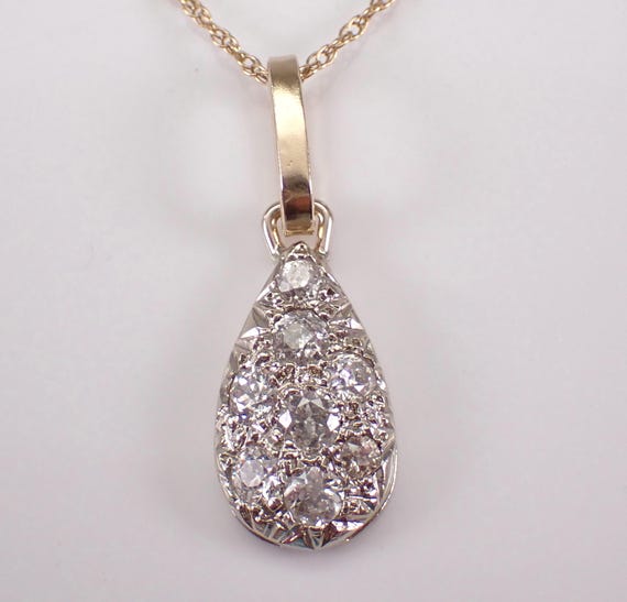 Antique 14K Yellow Gold Diamond Necklace - Teardrop Cluster Charm Pendant and Chain -  Vintage Two Toned Jewelry Gift