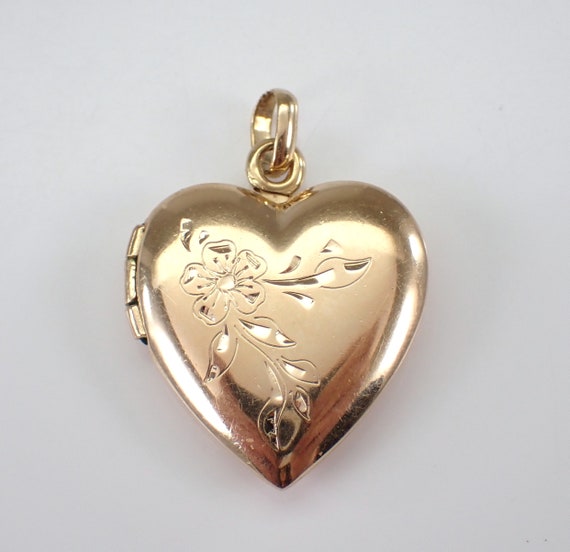 14K Yellow Gold Heart Locket Charm, Vintage Estate Flower Pendant for Bracelet or Necklace