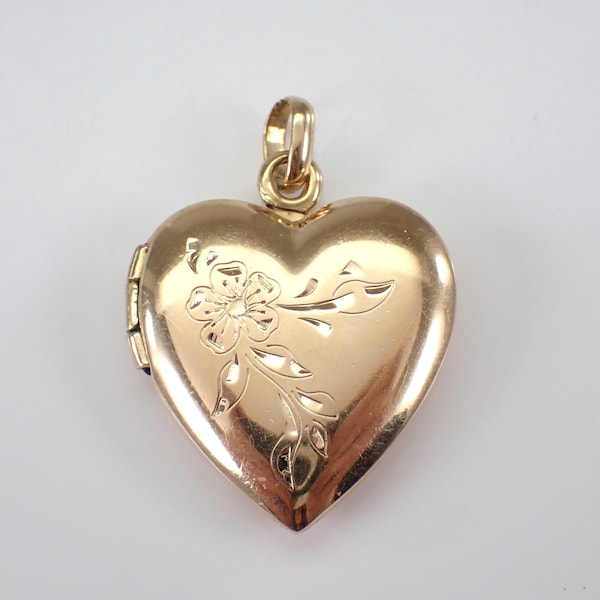 14K Yellow Gold Heart Locket Charm, Vintage Estate Flower Pendant for Bracelet or Necklace