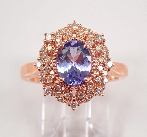 Rose Gold Tanzanite Ring - Diamond Halo Engagement Setting - December Gemstone Fine Jewelry Gift