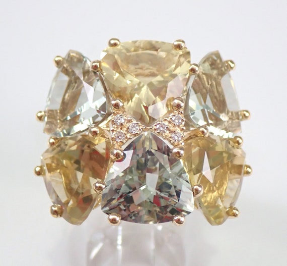14K Yellow Gold Prasiolite and Citrine Ring - Large Multi Colored Cluster Gemstone Band - Unique Green Amethyst Quartz Gift