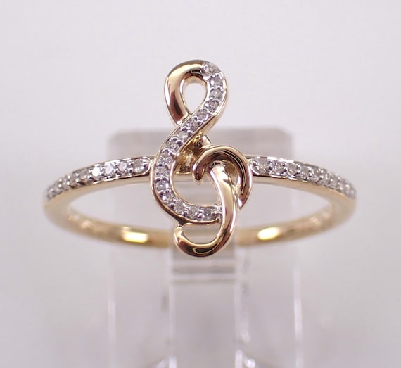 Yellow Gold Diamond Music Clef Ring - Unique Stackable Fine Jewelry Gift - Dainty Treble Symbol Right Hand Band