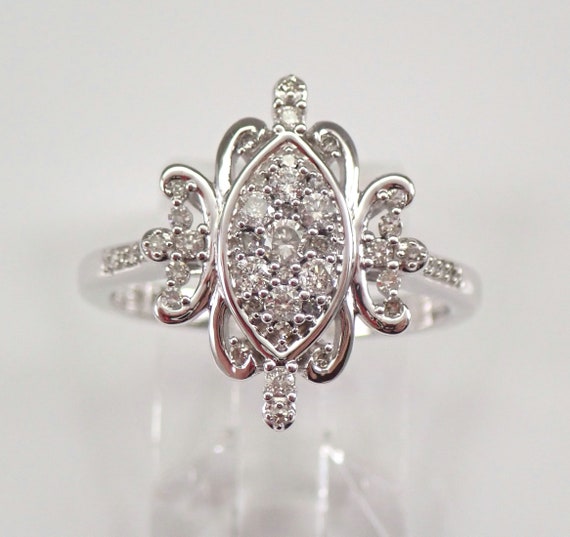 White Gold Vintage Style Diamond Cluster Right Hand Ring Size 7 Perfect Gift