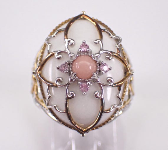 Vintage Sterling Silver White Agate Cage Ring - Unique Pink Tourmaline and Rose Quartz Band - Two Tone MICHAEL VALITUTTI Jewelry Gift