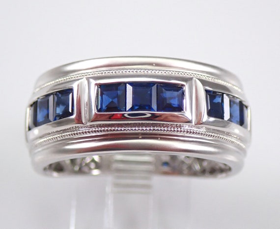 Mens Sapphire Wedding Band - White Gold Square Gemstone Ring - Channel Set Anniversary Jewelry Gift for Him