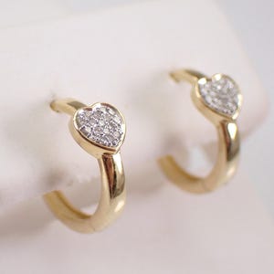 Yellow Gold Mini Diamond Hoop Earrings - Little Diamond Heart Huggies