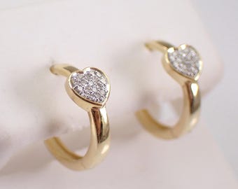 Yellow Gold Mini Diamond Hoop Earrings - Little Diamond Heart Huggies