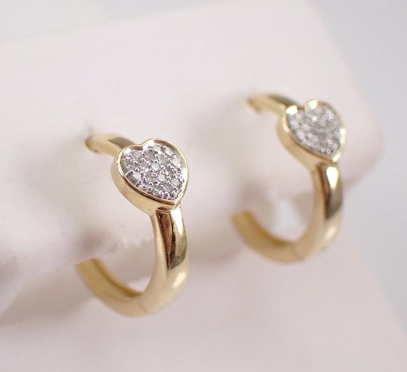 Yellow Gold Mini Diamond Hoop Earrings - Little Diamond Heart Huggies