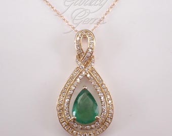 14K Yellow Gold Emerald Charm Pendant and Chain - Teardrop Diamond Halo Necklace