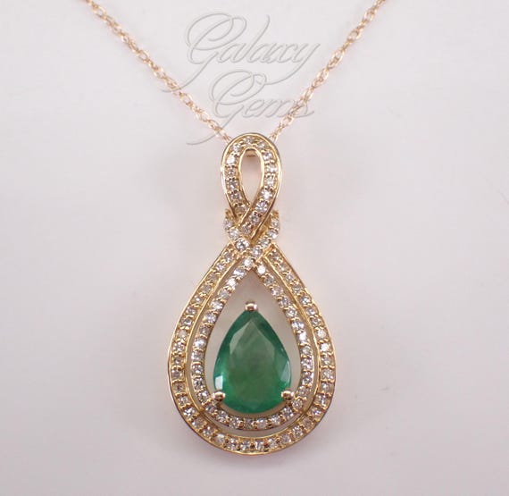 14K Yellow Gold Emerald Charm Pendant and Chain - Teardrop Diamond Halo Necklace