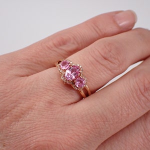 14K Rose Gold Pink Topaz Ring Three Stone Diamond Halo Anniversary Band Unique Bridal Wedding Gift image 7