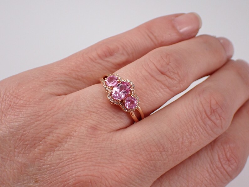 14K Rose Gold Pink Topaz Ring Three Stone Diamond Halo Anniversary Band Unique Bridal Wedding Gift image 7