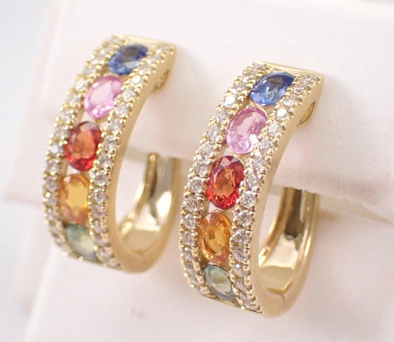 14K Yellow Gold Multi Color Sapphire Hoop Earrings: Diamond and Gemstone Huggies