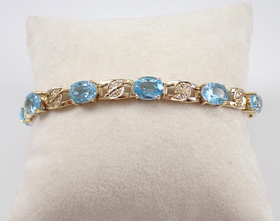 Blue Topaz and Diamond Tennis Bracelet - Unique 14K Yellow Gold Fine Jewelry - December Birthstone Gemstone Gift